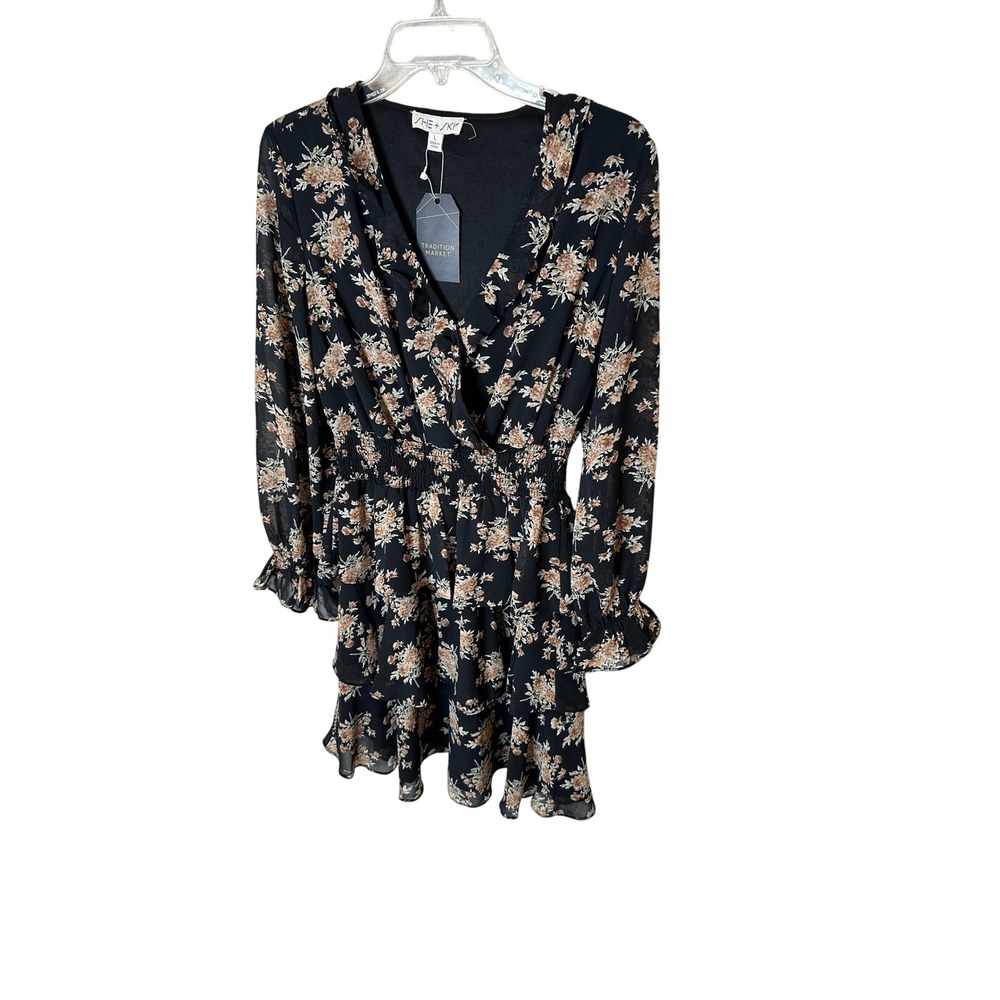 She &‎ Sky Black Floral Smocked Waist Tiered Ruffle Mini Dress SS7997 L NWT
